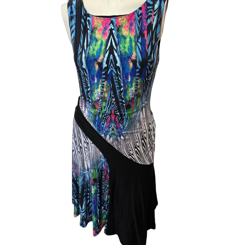 Sharon Max USA Dress Large Multicolor Zebra Abstract Asymmetrical Artsy Midi
